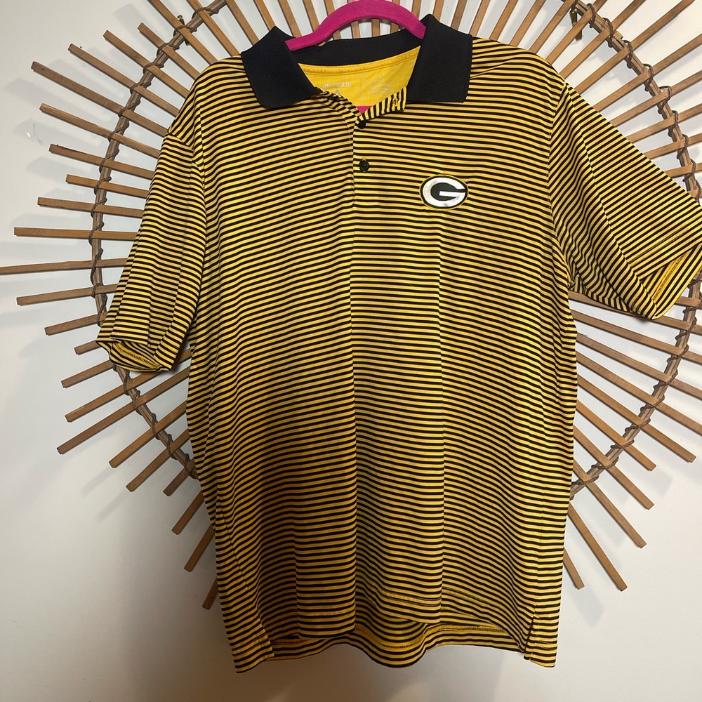 Antiqua Mens Black & Yellow Striped Greenbay Packers Polo Shirt Performance